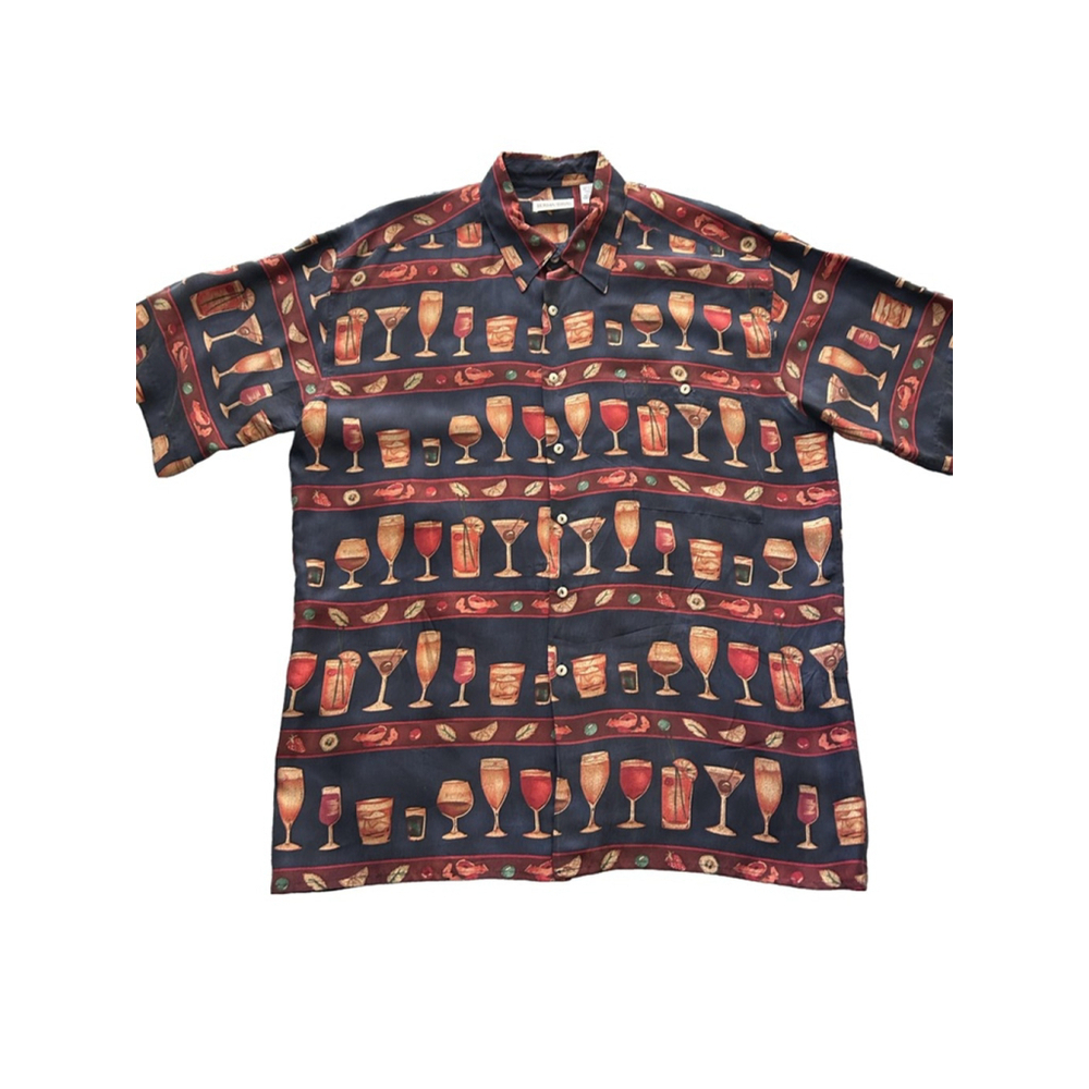 Burma Bibas Silk Cocktail Print Button Down Shirt Blue Size L